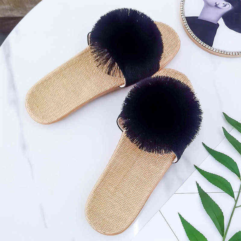 Women Slippers Summer Cute Sweet Flat Pompom Hemp Females Furry Indoor Casual Footwear Fashion Home Slides 211110