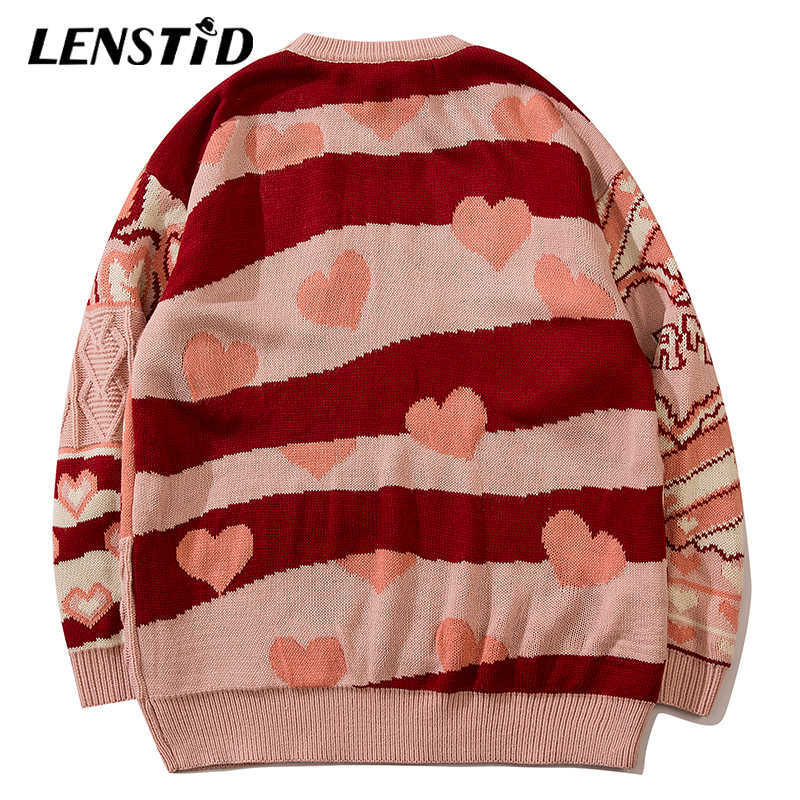 LENSTID Men Hip Hop Knitted Jumper Sweaters Heart Color Block Streetwear Harajuku Autumn Loose Fashion Casual Pullovers 211008