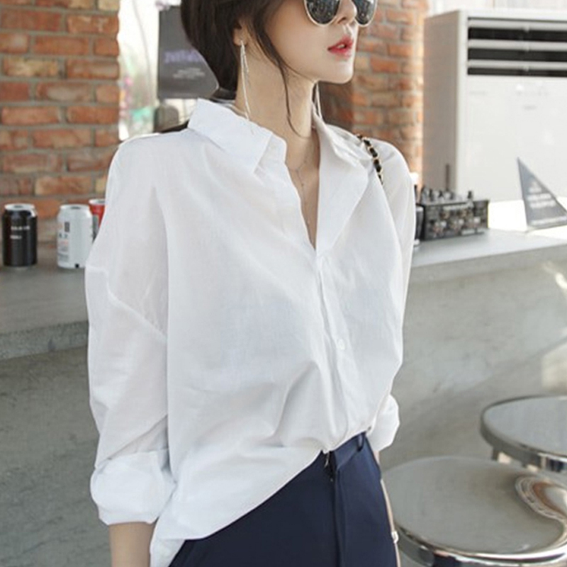 Spring Autumn Turn-down Collar Long Sleeve Blouse Women Office Lady Solid White Shirt Korea Loose Cardigan Clothing Blusas 11274 210225