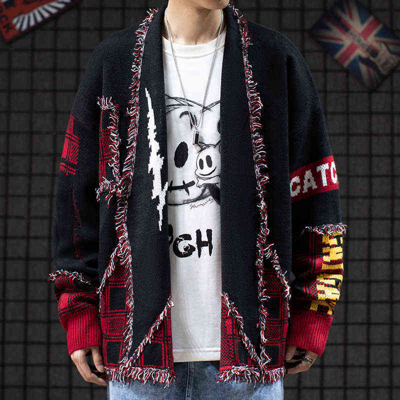 Hip Hop Colorblock Tassel Cardigan Sweater Harajuku Streetwear Patch Cardigans Outwear Men Raw Edges Plaid Knitted Sweaters 211102