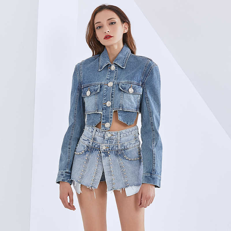 TWOTWINSTYLE Patchwork Rivet Tassel Denim Shorts For Women High Waist Sexy Wide Leg Fashion Clothing Summer 210724