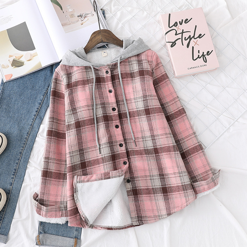 Winter Velvet Hoodies Womens Thick Plaid Shirts Long Sleeve Keep Warm Casual Female Clothes Outwear Coat Hoody Jacket 201217
