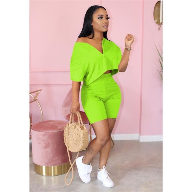 pink Tracksuit 2 piece set woman Crop Top + Pants Short Sleeve Deep V-neck Summer Cloth For Women Outfits Solid 7 Color T200706