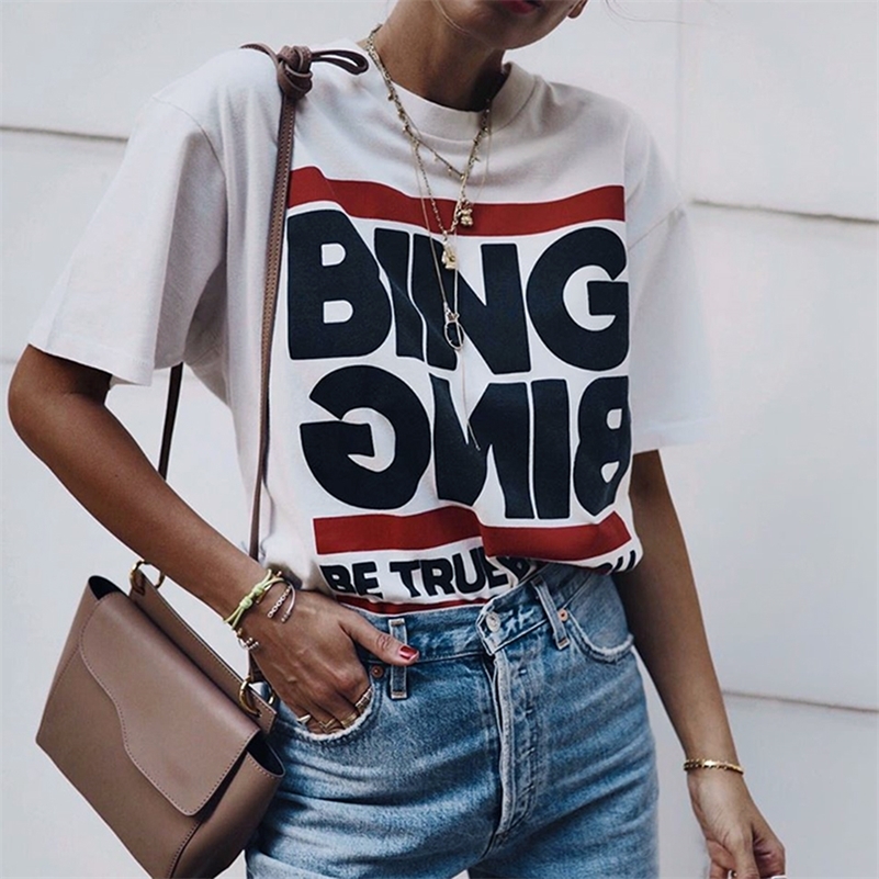 Letter Print Boho Tees Women Summer Short Sleeve Round Neck Cotton T-Shirts Shirts Casual Vintage Cozy Soft Tshirts Tops 210306