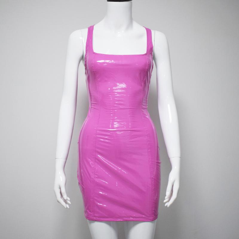 Casual Dresses Mini Summer Dress 2021 Sexy PU Leather Sleeveless Woman Party Night Club Wear Tight Neon Pink Bodycon