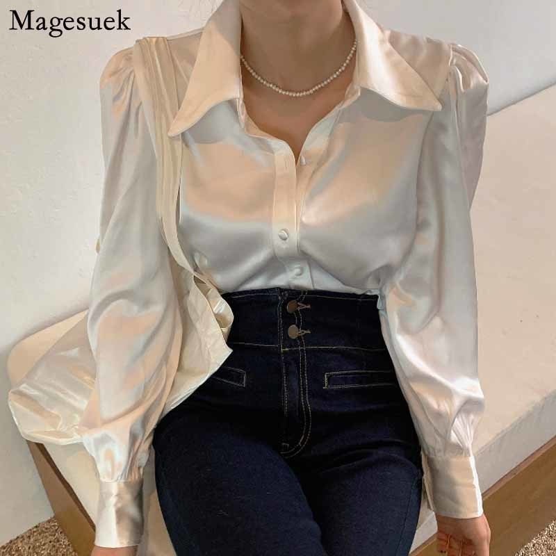 Korean Bubble Sleeve Loose Satin Button Lapel Shirt Elegant Women Shirt Tops White New Chic Women Blouse Blusas Mujer 12635 220311