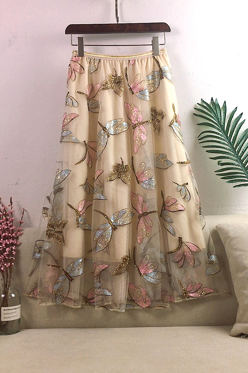 Autumn Women Mesh Skirt Dragonfly Sequin Embroidery Long Skirt Ladies Casual Voile Appliques Skirt Midcalf Swing Skirts 210306