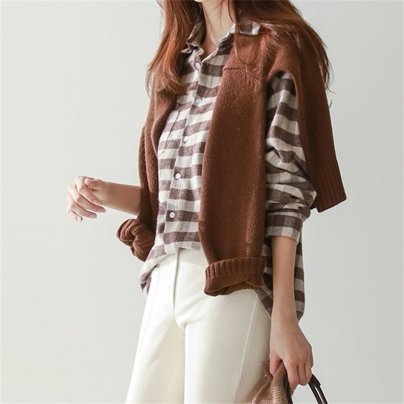New Arrival Spring Fashion Women Long Sleeve Shirt Preppy Style Turn-down Collar Loose Plaid Blouse Casual Ladies Tops D222 210225