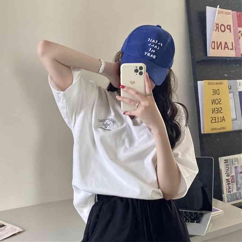 3 Sizes Cartoon Character Letter Printed Loose Casual All Match Short Sleeve O-neck Basic Simple Women Top T-shirts 210720