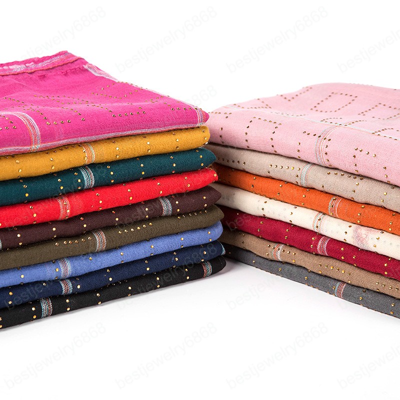 Women Wrinkle Scarf Rhinestone Plaid Muslim Hijab Scarf Turban Head Wrap Solid Color Pleated Scarves