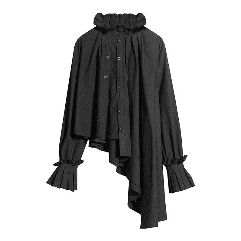 TWOTWINSTYLE Vintage Asymmetrical Women Blouse Stand Collar Flare Long Sleeve Irregulaer Hem Ruched Ruffles Shirt For Female New 210225