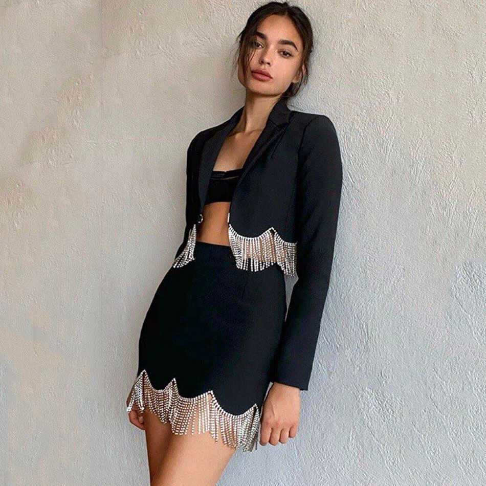 Summer Fashion Patchwork Tassel Suit Runway Ladies Long-Sleeved Short Top Line Skirt Black Two-Piece Female 210527
