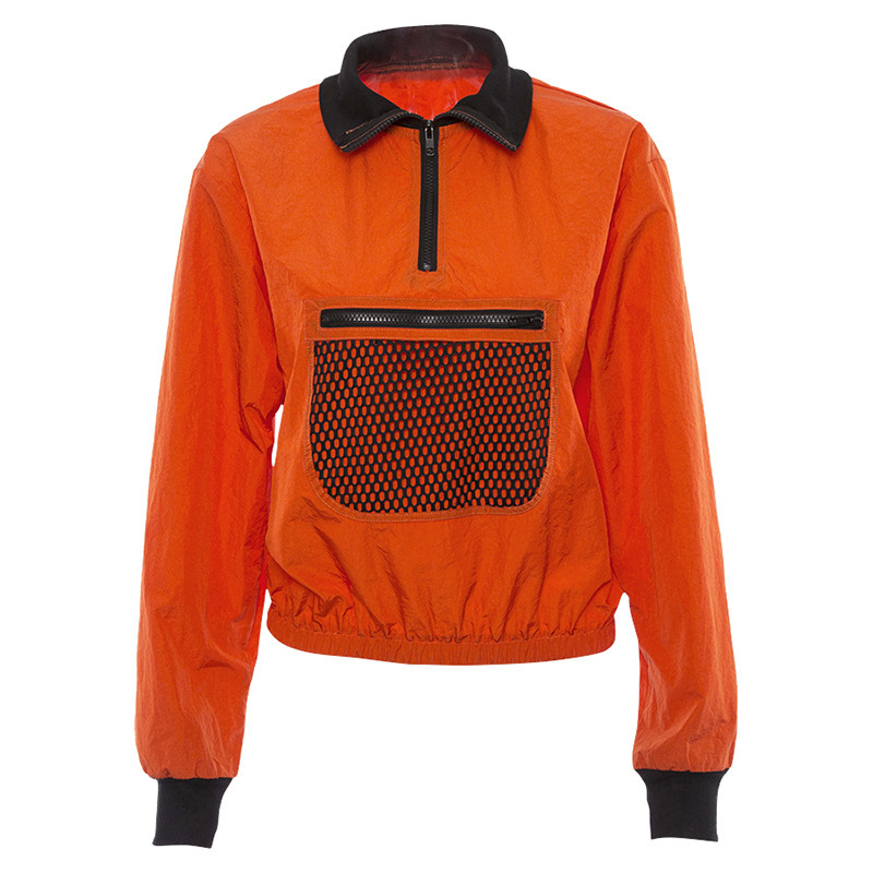 Women spring Orange Half Open Collar Loose Top pullover New Chest Mesh Decoration Sweatshirt Casual Coat Active Wear T200525