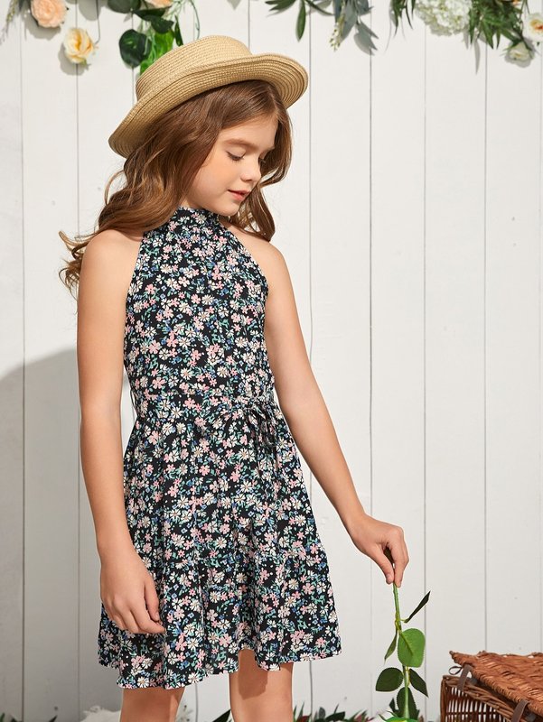 Girls Floral Print Belted Dress SHE01