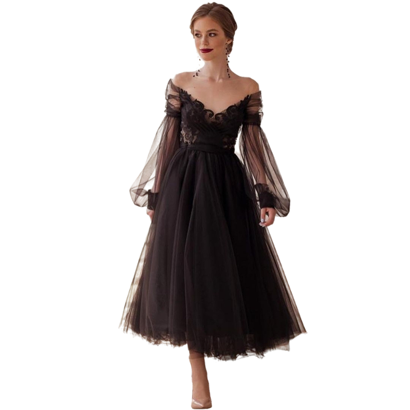 Vintage Black Princess Evening Dresses 2024 A-Line Illusion Long Sleeve V-Neck Lace Appliques Backless Ankle-Length Formal Party Gowns Prom Dress