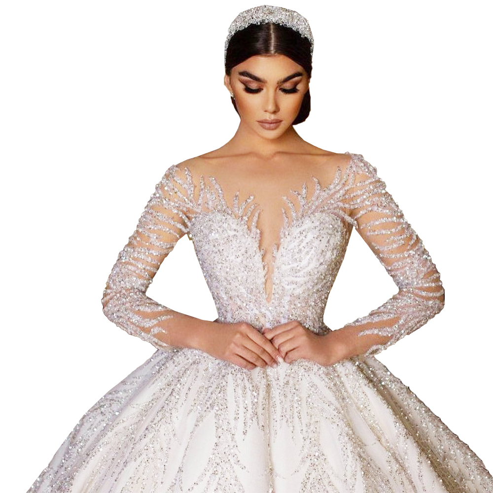 Luxury Backless Ball Gown Wedding Dress Long Sleeves Full Bling Sequins Custom Bridal Dress