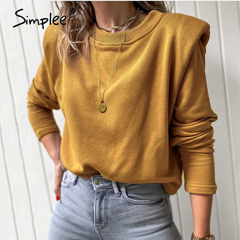 Simplee Leisure shoulder pad Sweatshirt women's Green long sleeve crew neck Pullover High street fashion Sweatershirt 201211