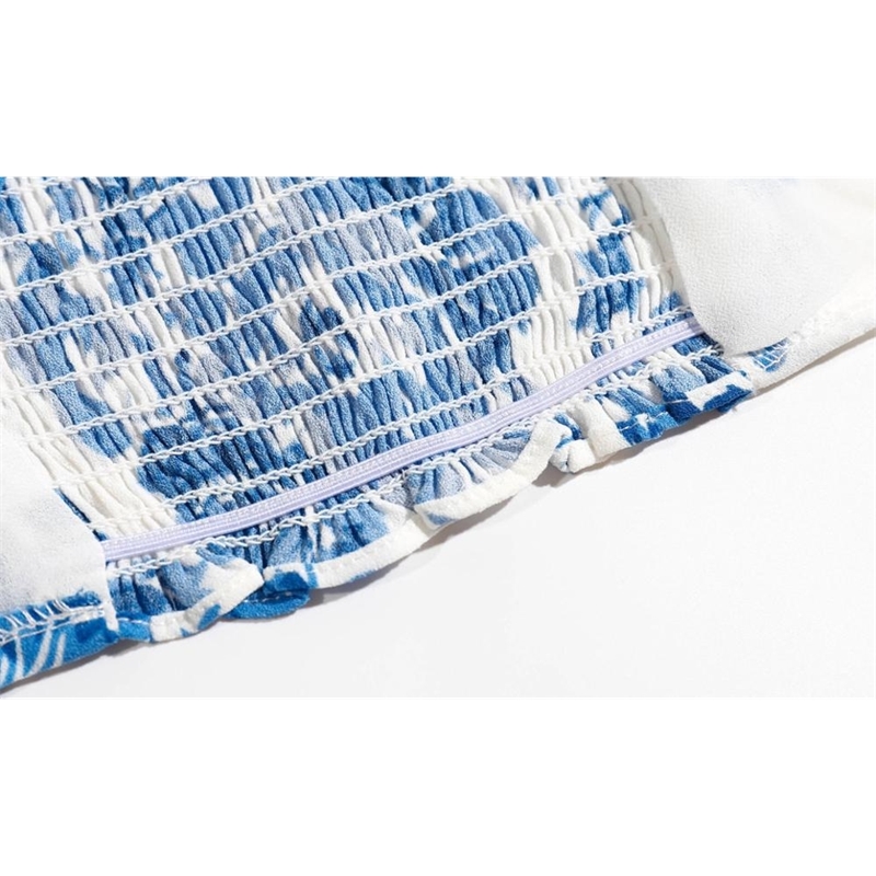 Tie Bow Strap Blue White Floral Print Camis Women Summer Ruched Short Tank Tops Retro Cool Girl Sexy Slim Crop Top Tees 210625