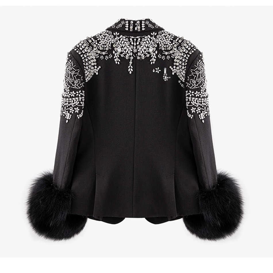Fashion Ladies Jacket Black White Sexy V-neck Coat Diamond Decoration Removable Hair Cuff Slim 210525