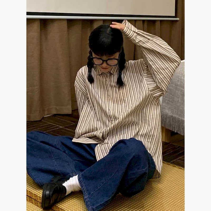 Vertical striped shirt blouse women retro all-match student long-sleeved loose Korean autumn men women's tops ins 210526