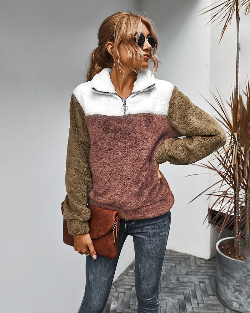Winter Plush Keep Warm Sweatshirts Hoodie Turn Down Collar Zip Hoodies Fleece Patchwork Thick Hoody Women Long Sleeve Casual 201204