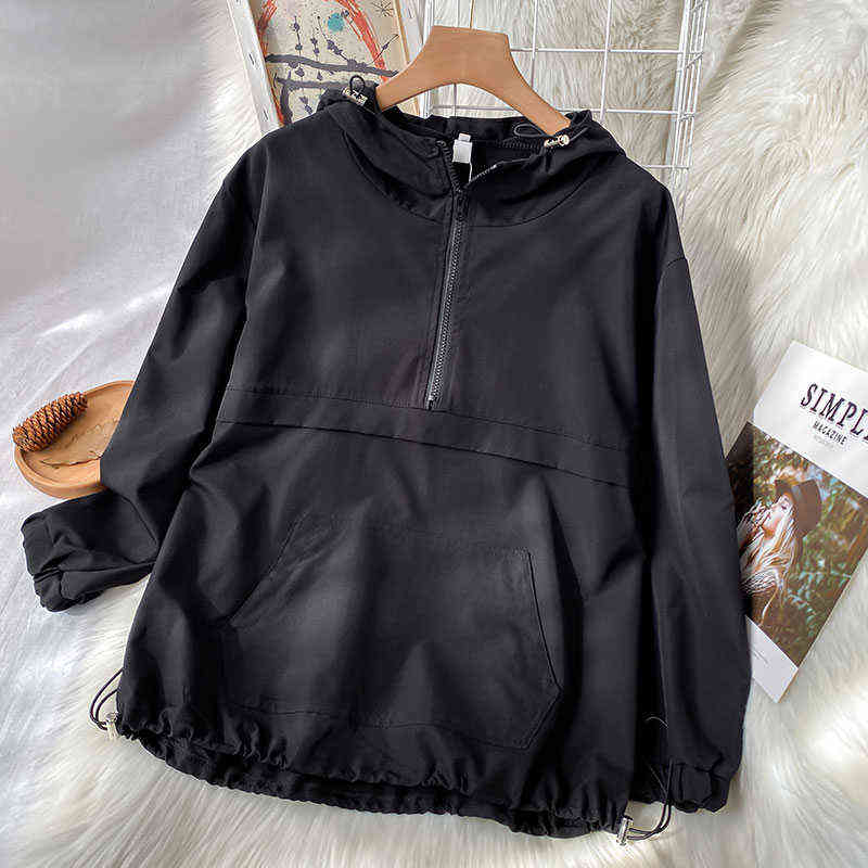 Spring Clothes Lazy Style Top Women's Black Half Zipper Hooded Sportswear 211109