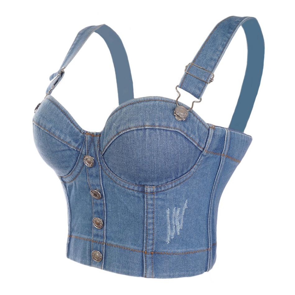 Denim Scratched Women's Spaghetti Strap Button Diamonds Ripped Push Up Bustier Night Club Party Crop Top New Corset Camise 210308