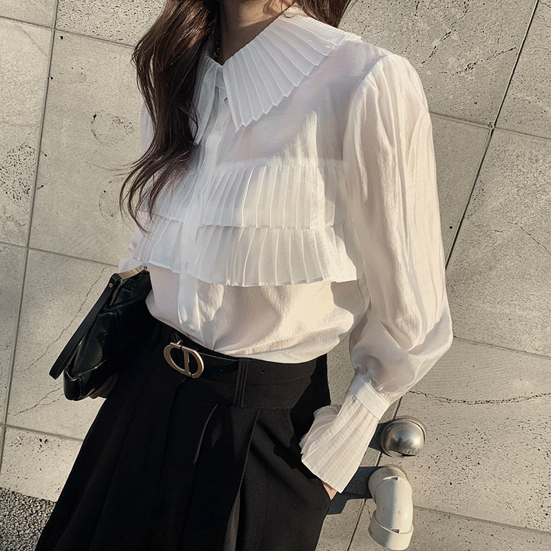 Pleated Blouse See Through Shirt Women Spring New Fashion Blouse Turn-down Collar Single-breasted Loose Tops Blusas Elegant 210225