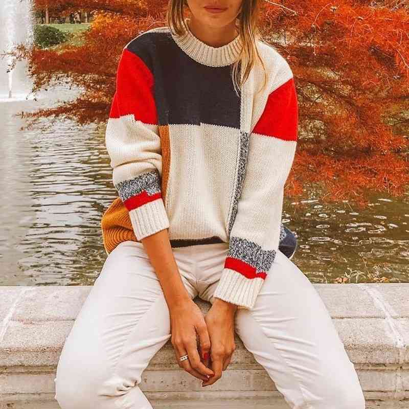 Knit Color Block Sweater Winter Autumn Women Sweaters Wild Knitwear Streetwear Long Sleeve Plaid Pullovers Womens 210603, White
Knit Color Block Sweater Winter Autumn Women Sweaters Wild Knitwear Streetwear Long Sleeve Plaid Pullovers Womens 210603, White