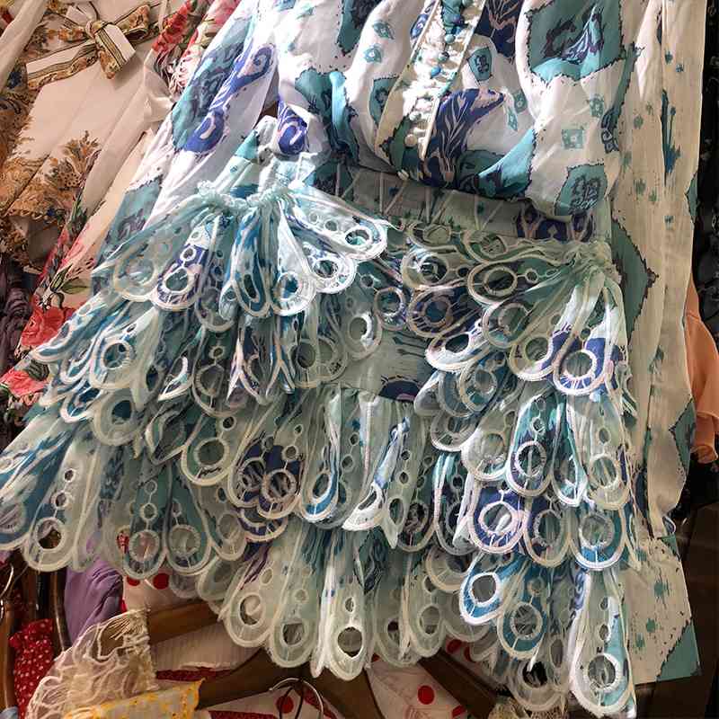 Summer National Trends Retro National Style Elegant Two Piece Suit, Female Peacock Blue Skirt + Thin Long-Sleeved Shirt 210708