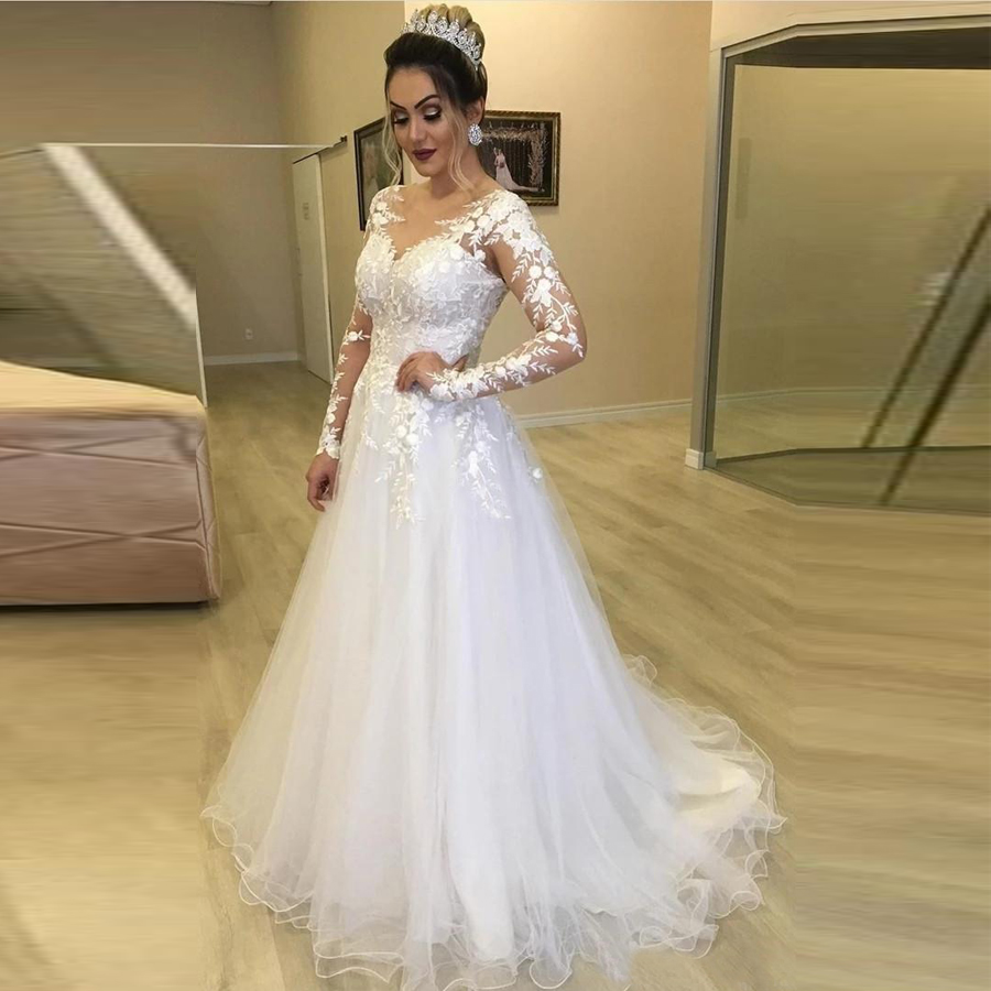 Applique Lace A-line Wedding Dress Long Sleeve Elegant Bridal Dresses Scoop Neck Tulle With Sweep Train Button Back Wedding Gowns summer boho beach br