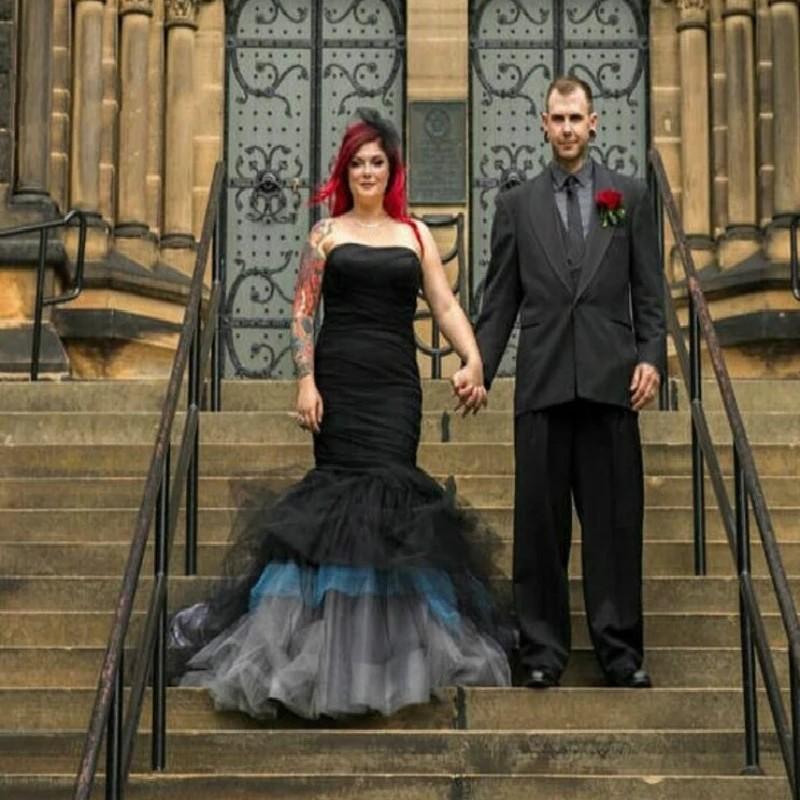 Black Gothic Dresses Mermaid Blue White Tulle Satin Sweep Train Corset Back Custom Made Plus Size Wedding Gown Vestido De Novia
