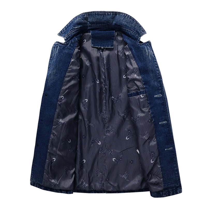 Idopy Men`s Denim Trench Coat Cowboy Long Style Business Vintage Washed Slim Fit Jeans Jacket For Male T200502
