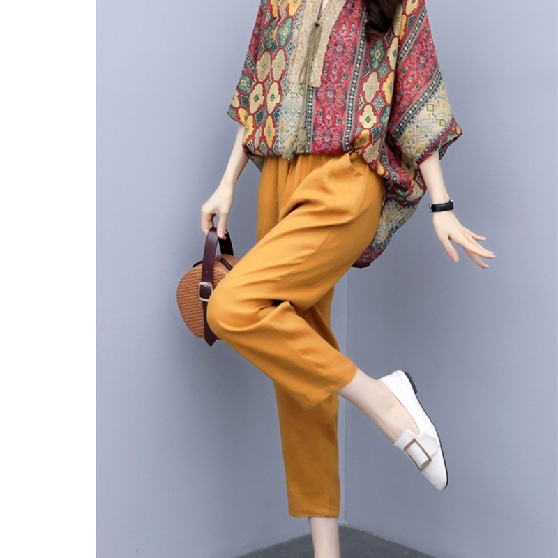 Summer Vintage Casual Two Piece Sets Women Printed Tops + Ankle-length Pants Outfits Fashion Female Plus Size 2 Pcs Suits