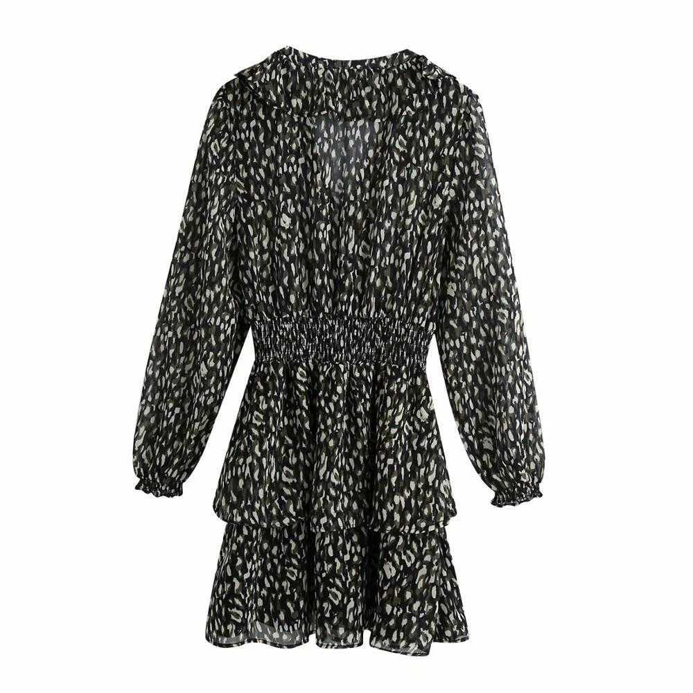 Women Dress Animal Printed V-neck Long Sleeves Smocked Elastic Waist Ruffle trims Mini Dress vestidos femme robe 210709