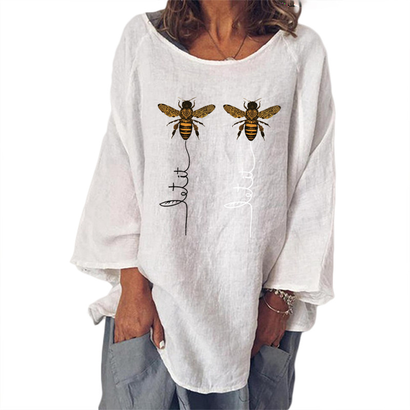 2021 autumn and winter two bees printed loose top cotton and linen T-shirt, White
2021 autumn and winter two bees printed loose top cotton and linen T-shirt, White