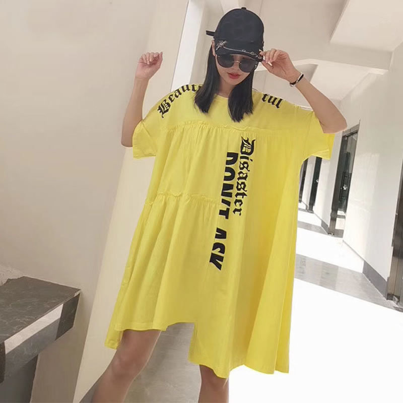 XITAO Plus Size Irregular Letter Pleated T Shirt Women Clothes Summer New Fashion Loose Pullover Match All Long Tee DMY4122 210306
