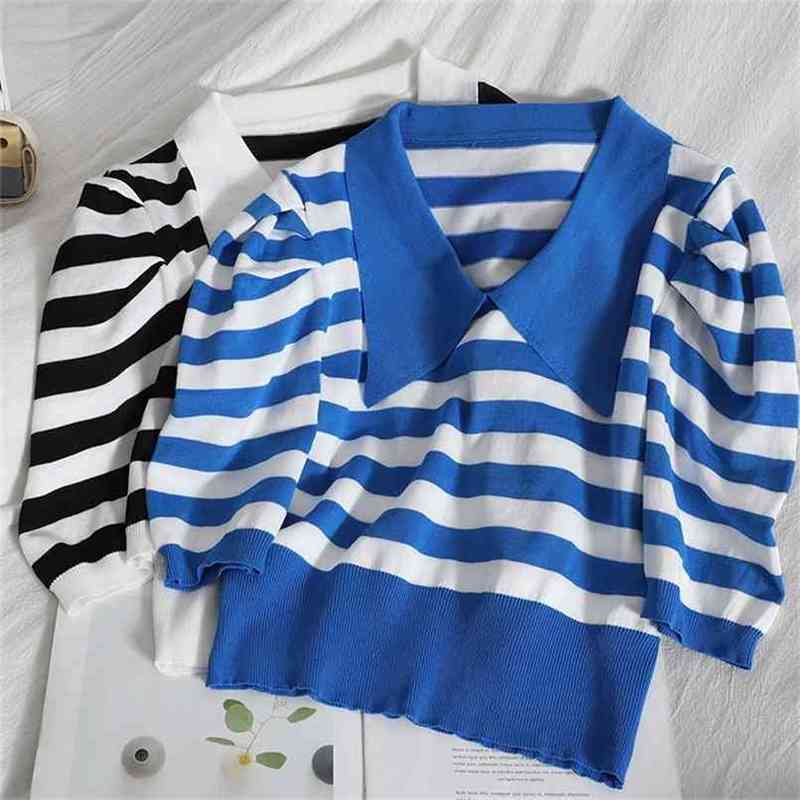 Fashion Color matching Striped Ruched Puff sleeve Student Sweater Summer Korean Chic Big Lapel Slim Knitted Women's Top 210602, Blue
Fashion Color matching Striped Ruched Puff sleeve Student Sweater Summer Korean Chic Big Lapel Slim Knitted Women's Top 210602, Blue