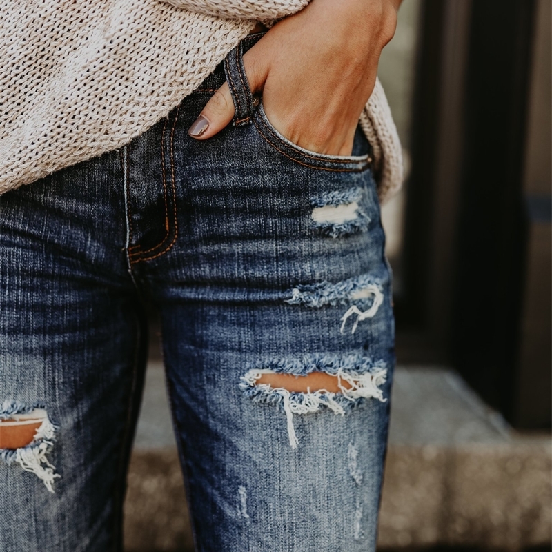Spring Fashion Bleached Ripped Jeans Women Cotton Denim Slim Elasticity Skinny Pants Moustache Effect Vintage Jeans Femme T200521