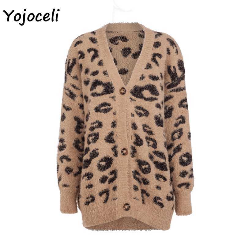 Yojoceli sexy leopard knitted cardigan coat v neck streetwear sweater 210609