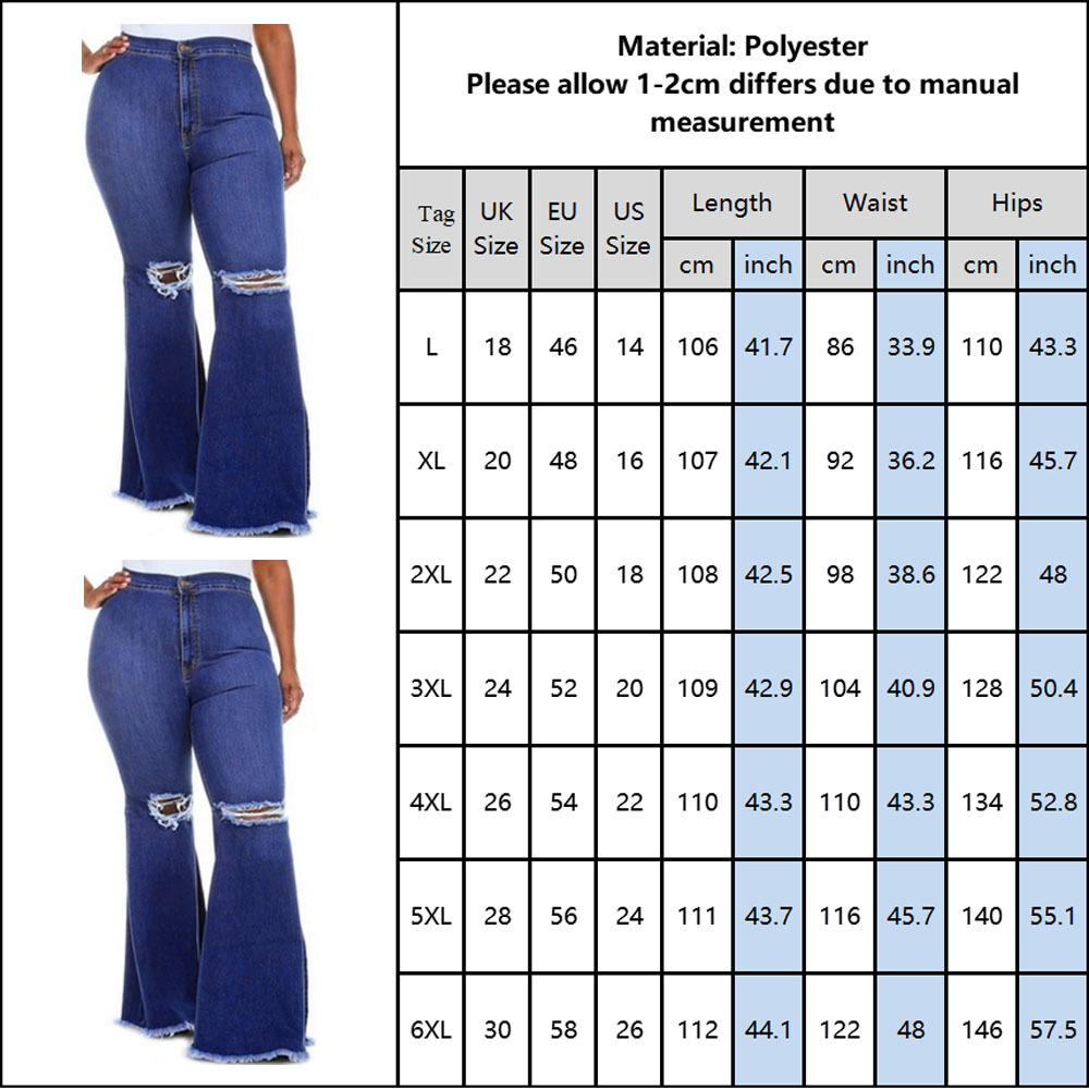 Chic Lady Hole Flare Pants Sexy High Waist Bell-Bottom Denim Jeans Large Size Solid Vintage Stretch Slim Wide Leg Trousers 6XL 210222