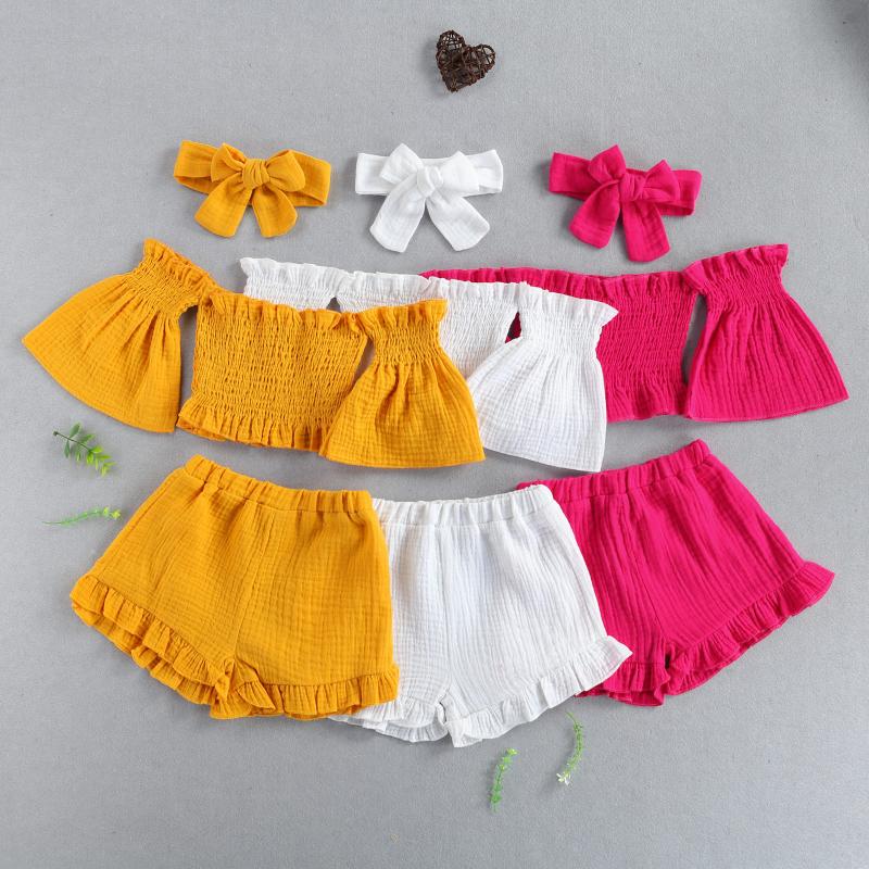 Clothing Sets Summer 3pcs Toddler Baby Girls Off Shoulder Casual Shorts Shirt Headbands Set Baby's