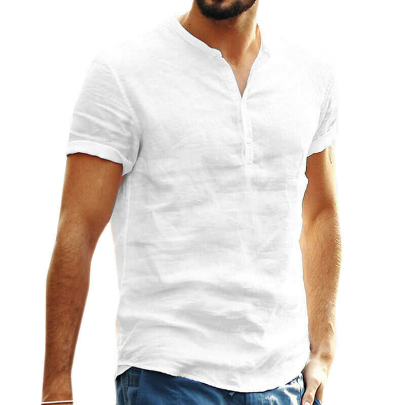 Men Summer T Shirt Casual Short Sleeve Beach Baggy Solid Henley Tops Blouse Tees 210707