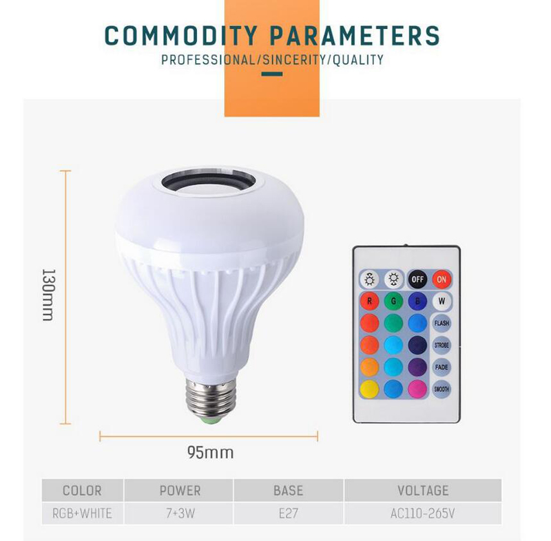 E27 Smart Light Bulb Led RGB with Wireless Bluetooth Speaker Bulb 2 in 1 white Lamp Light Music Player Dimmable and Remote Controller