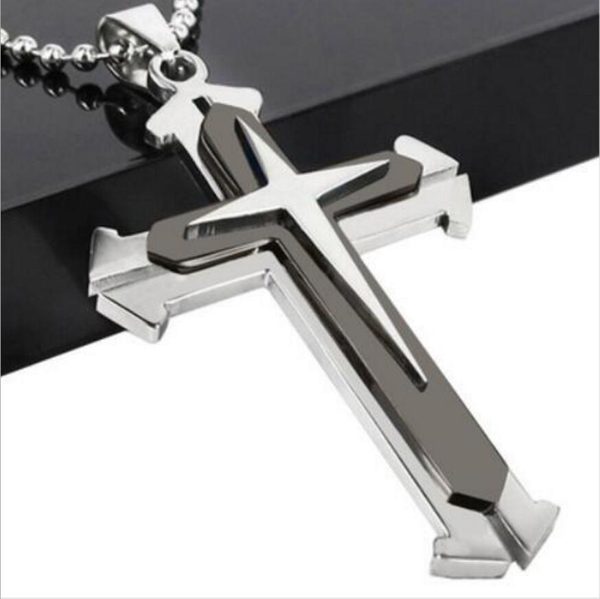 Three-Layer Stainless Steel Wave Design Jesus Cross Pendant Necklace - Unisex Titanium Alloy Religious Accessory