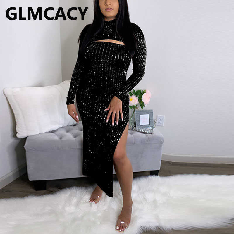 Women Glitter Striped Velvet Dress Sexy Evening Party Club Slit Dress 210702