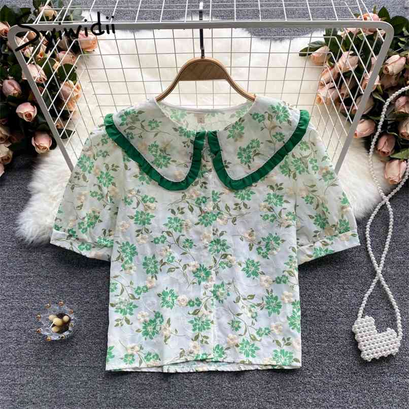 Floral Print Blouses Womens Summer Button Up Ruffles Peter Pan Collar Puff Sleeve Short Shirts Green Blue Pink 210607
Floral Print Blouses Womens Summer Button Up Ruffles Peter Pan Collar Puff Sleeve Short Shirts Green Blue Pink 210607