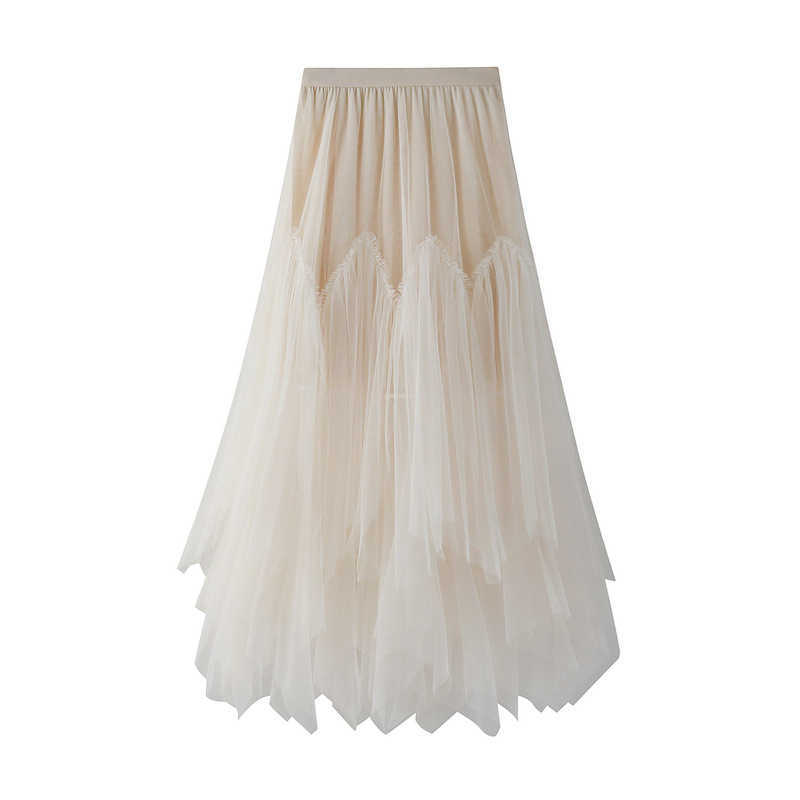 OHRYIYIE Women irregular Long Tulle Skirts Ladies High Waist Ankle-Length Tutu Maxi Beige Green Female Faldas Jupe Femme 210619