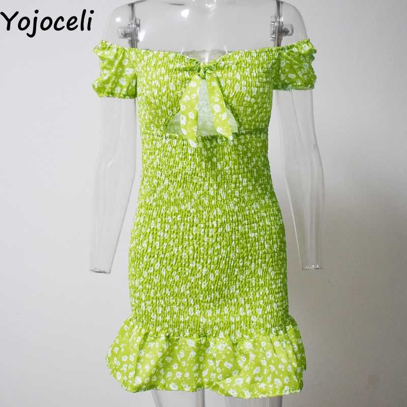 Yojoceli chic green floral print dres shirred bodycon mini boho beach ruffle 210609