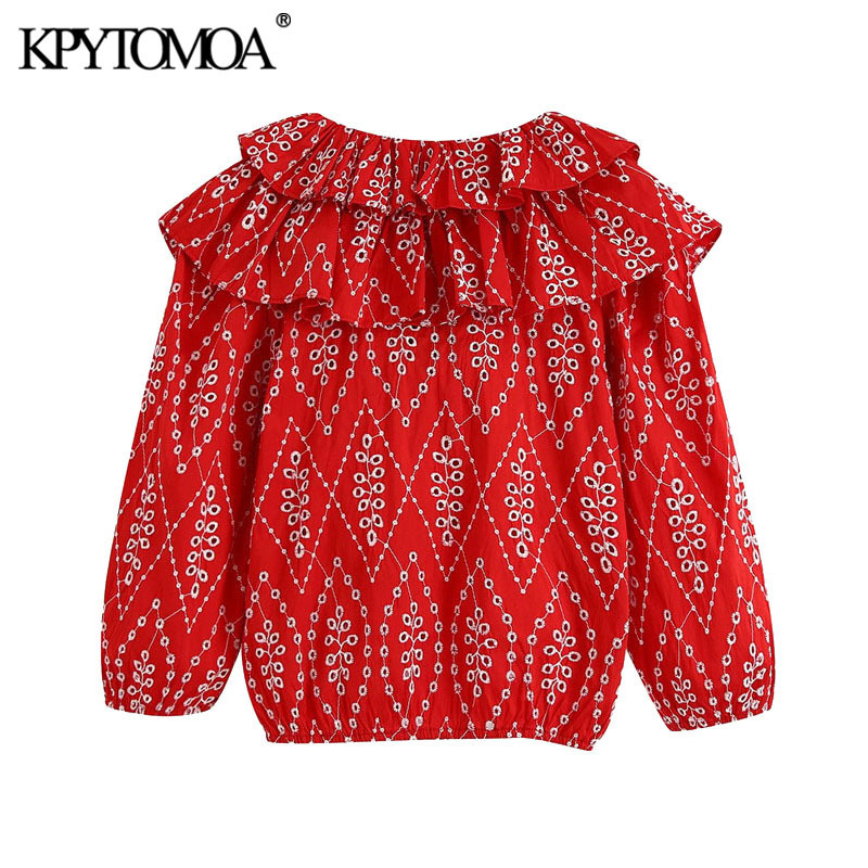 KPYTOMOA Women Fashion Cutwork Embroidery Ruffles Blouses Vintage V Neck Elastic Trims Female Shirts Blusas Chic Tops 210225